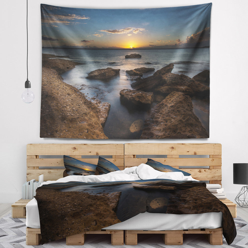 Rocky Sydney Beach at Sunset Seascape Wall Tapestry, 92"x78"