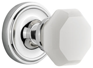 Classic Rosette Passage Waldorf White Milk Glass Knob, Bright Chrome