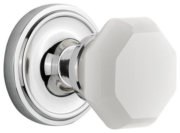 Classic Rosette Passage Waldorf White Milk Glass Knob, Bright Chrome