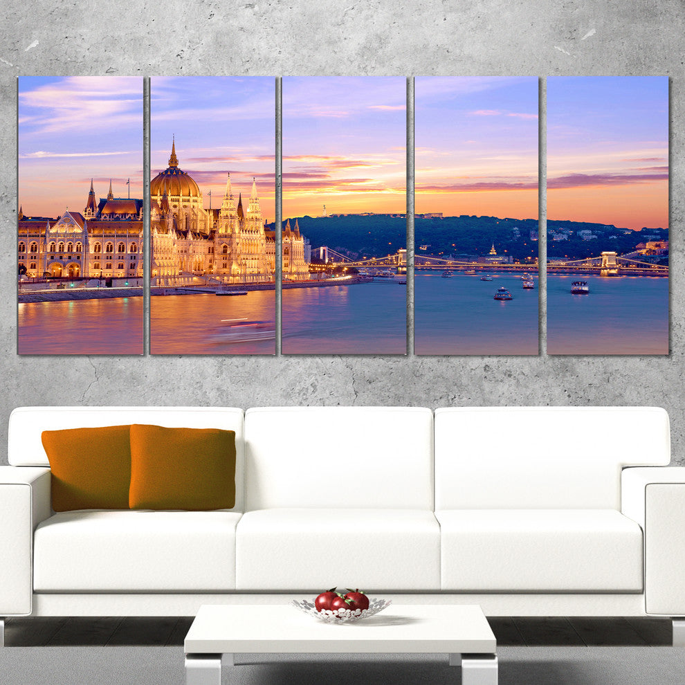 "Parliament and Bridge Over Danube" Cityscape Canvas Print60"x28", 5-Panels