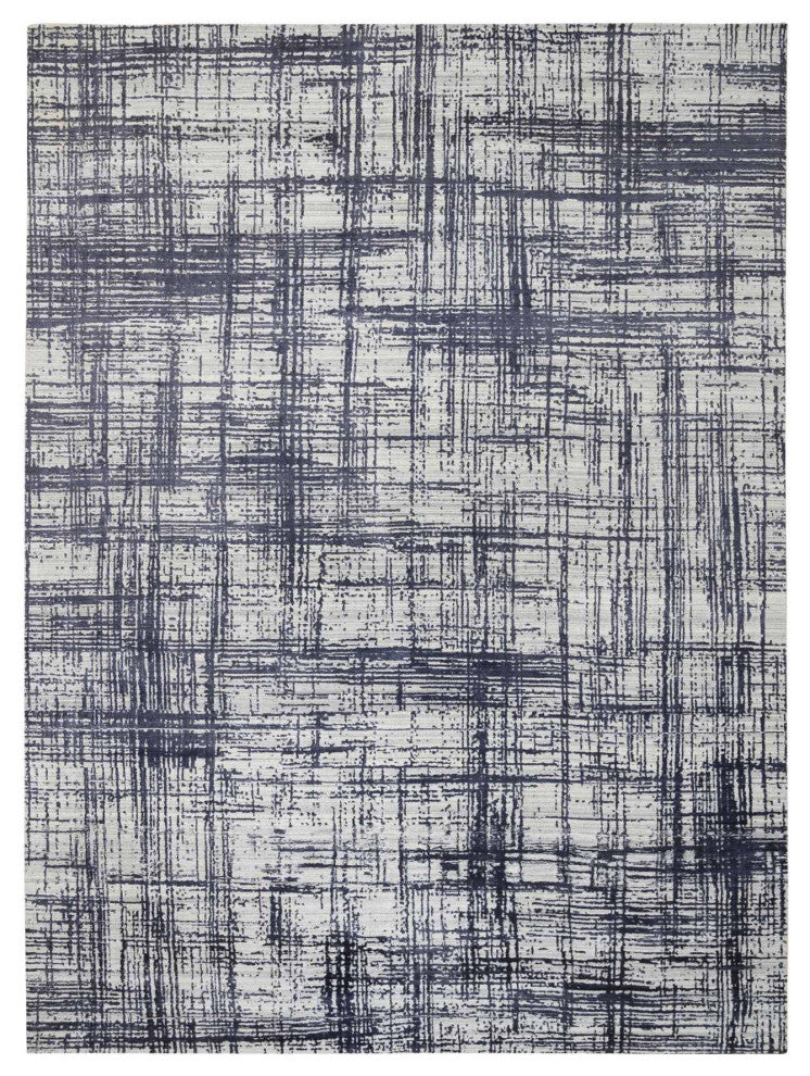 Black, Modern Erased Lines Design, Wool and Silk Hand Loomed Rug, 10'0"x13'9"