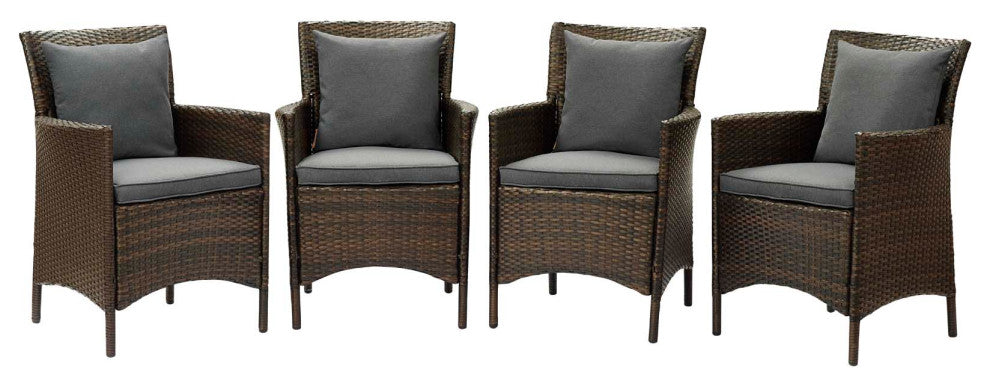 Side Dining Chair Armchair, Set of 4, Rattan, Wicker, Brown Gray, Outdoor