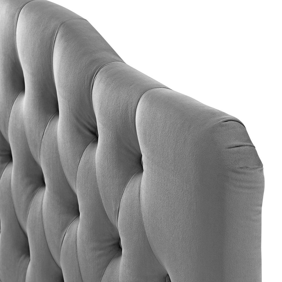 Contemporary Modern Queen Size Tufted Headboard, Velvet Fabric, Grey Gray