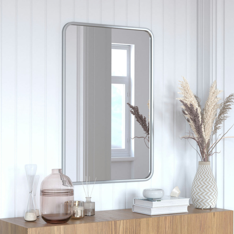 Jada Decorative Wall Mirror with Rounded Corners, Matte Silver, 24" X 36"