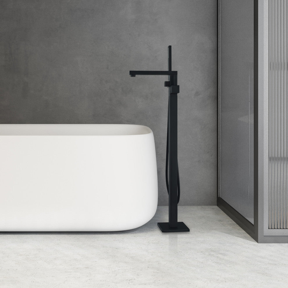 Campia Single Lever Handle Floor Mounted Tub Filler With Handshower, Matte Black