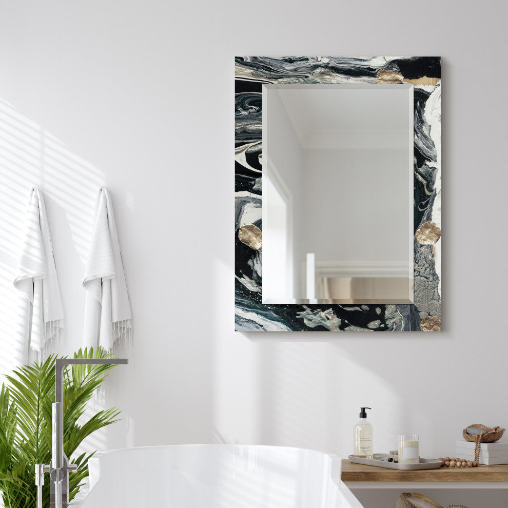 "Ebony and Ivory" Beveled Mirror on Printed Abstarct Tempered Art Glass, 40x30"