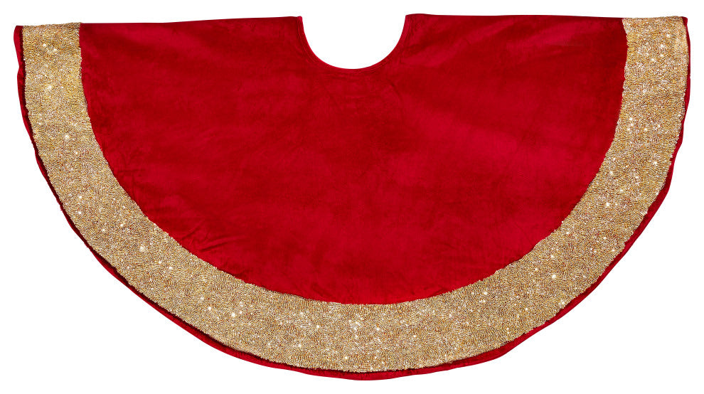 Red Velvet Christmas Tree Skirt with Hand Beaded Gold Border, 60"