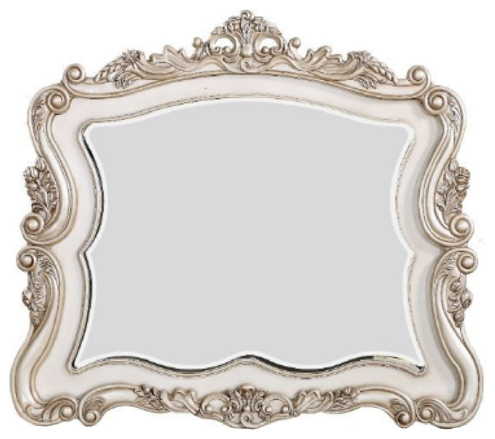 Benzara BM275074 Wood Mirror, Scalloped, Scroll Ornate Trim, Antique White