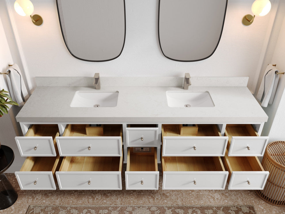 Roswell Floating 84" Double Sink Bath Vanity, White 2" Carrara Quartz