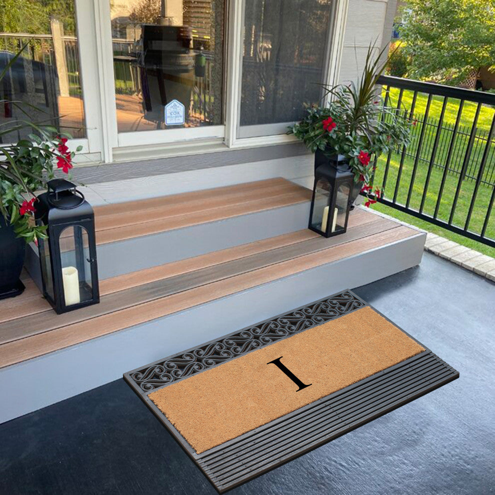 Rosewood Black/Beige 24"x36" Rubber And Coir Monogrammed Doormat, I