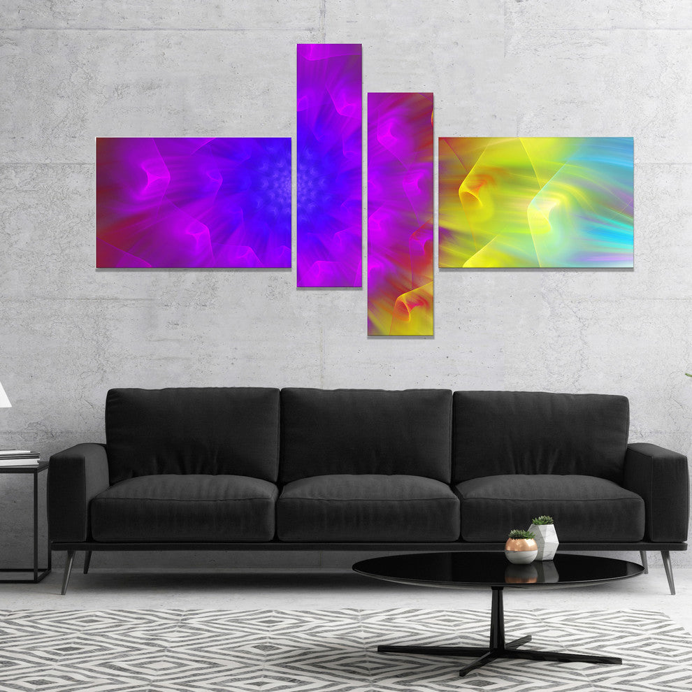 Purple Fractal Petals Dandelion, Floral Canvas Art Print, 60"x32", 4 panels