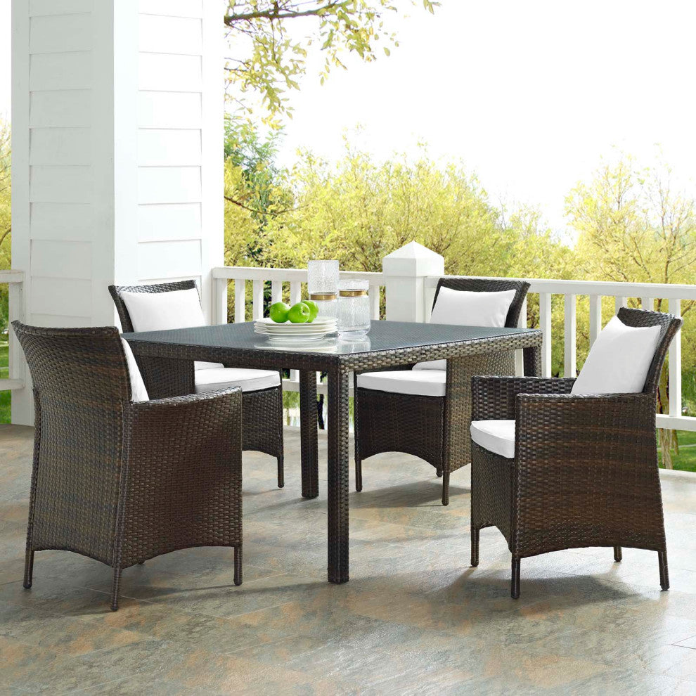 Side Dining Chair and Table Set, Rattan, Wicker, Brown White, Modern, Outdoor