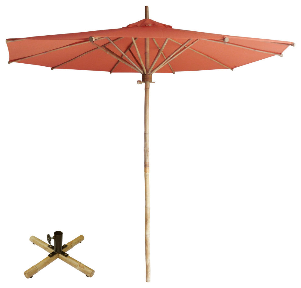 Handcrafted Bamboo Beach Patio Umbrella With Base, Dark Pottery