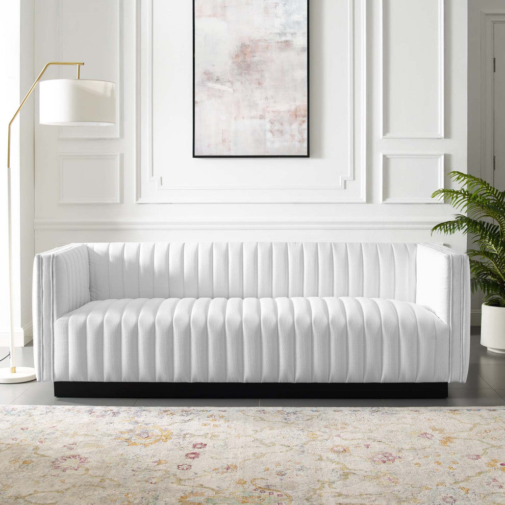 Tufted Sofa, Fabric, White, Modern, Living Lounge Room Hotel Lobby Hospitality