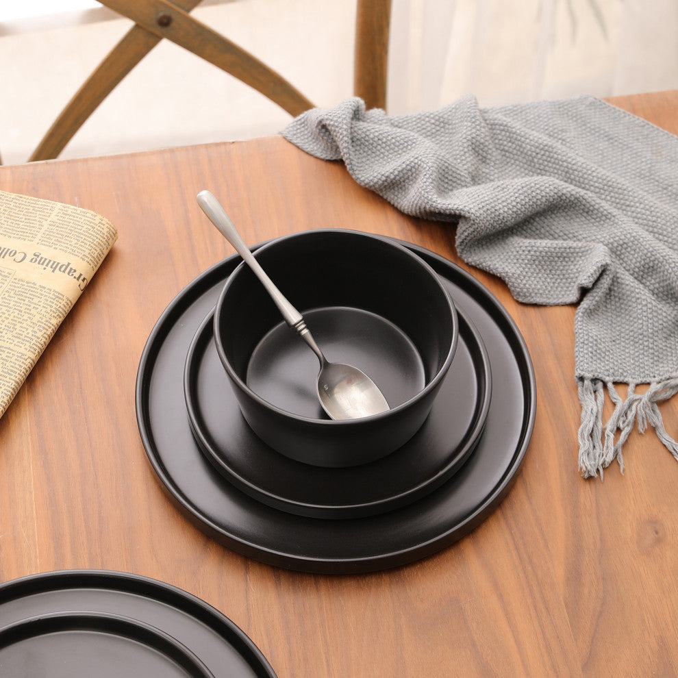 Stone Lain Celina Stoneware 24 Piece Dinnerware Set, Black Matte