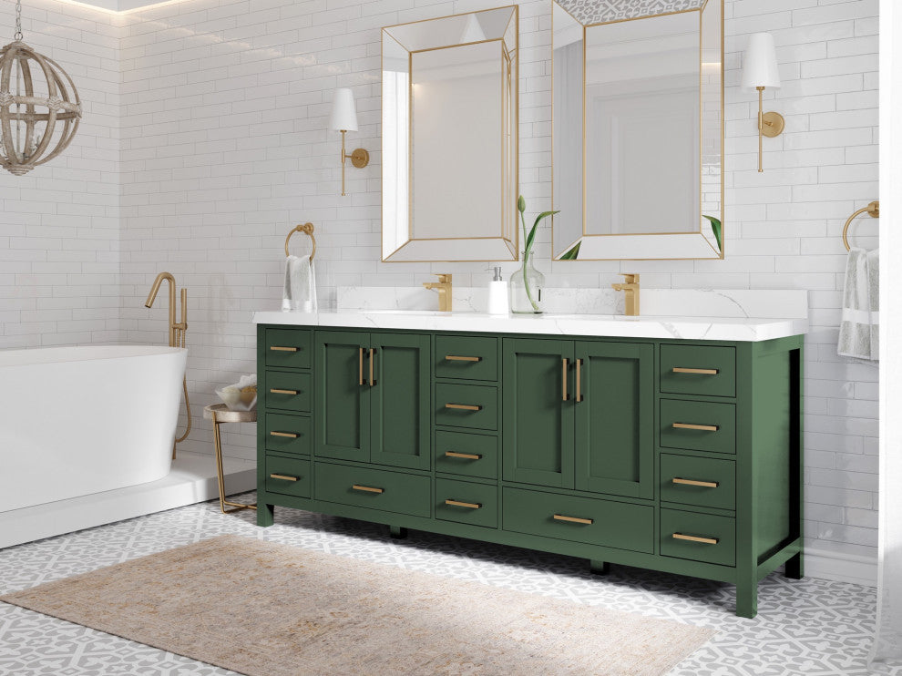 Malibu 84 Double Sink Bath Vanity in Lafayette Green 2" Viola Gold
