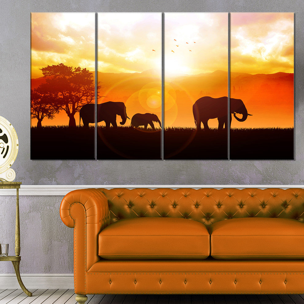 Elephants Walking At Sunset, African Canvas Art Print, 48"x28", 4 Panels