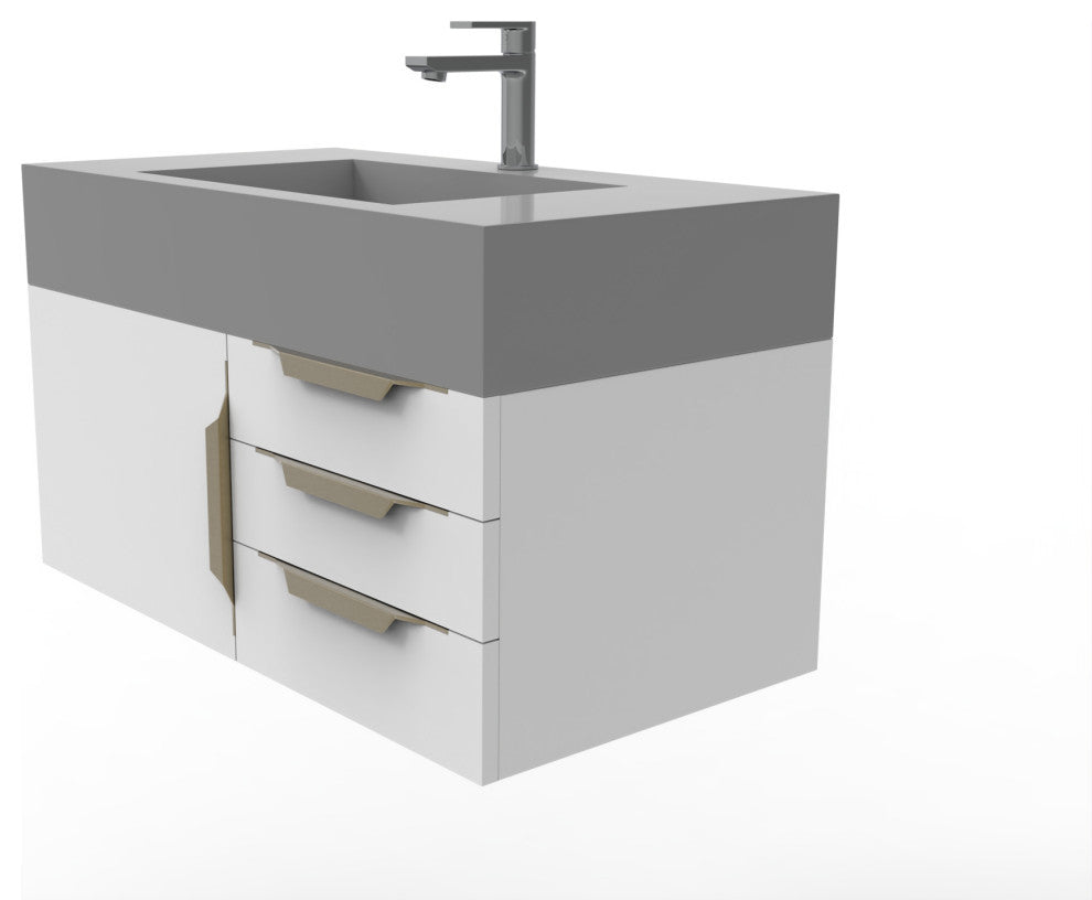 CastelloUSA Nile 36" Wall Mounted Vanity Set, White, Gray Top, Gold Handles