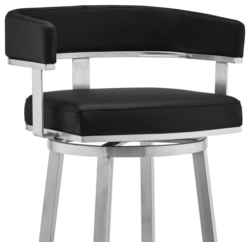 38" Black And Silver Faux Leather Swivel Low Back Bar Height Chair With Footrest