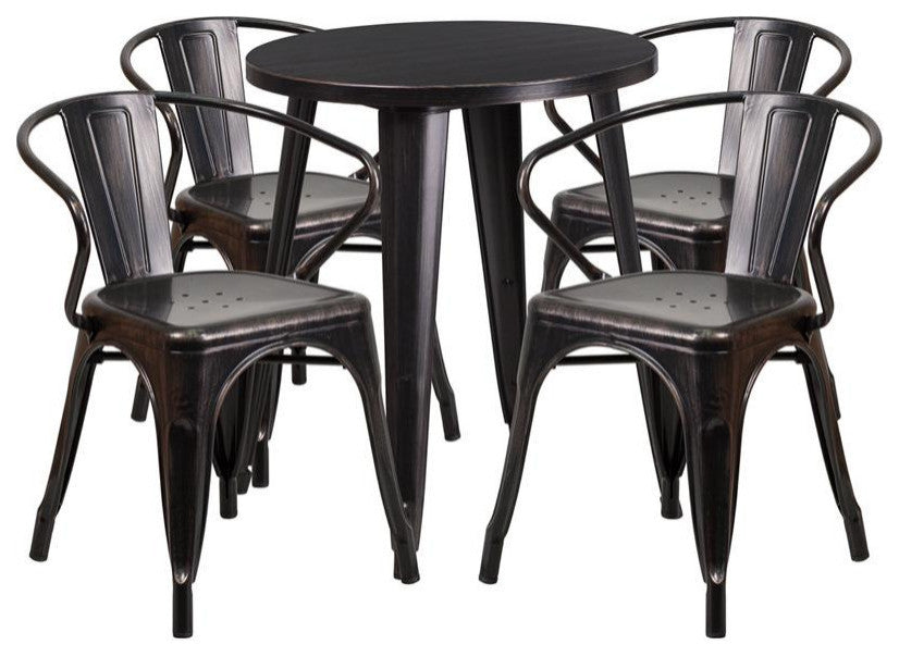 24" Round Black-Antique Gold Metal Indoor-Outdoor Table Set, 4 Arm Chairs