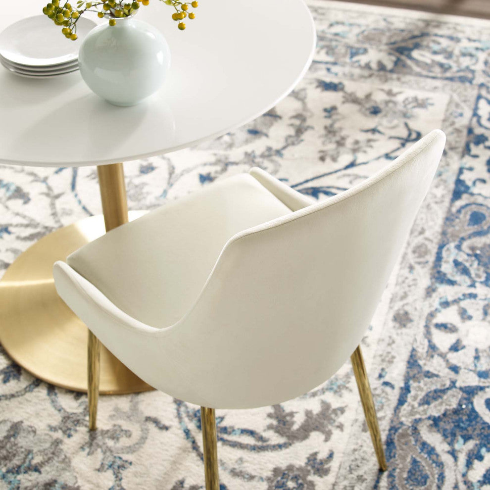 Side Dining Chair, Set of 2, Velvet, Metal, Gold Ivory White, Modern, Bistro