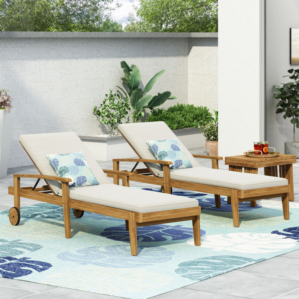 Lucknow Outdoor Acacia Wood Chaise Lounge with Water Resistant Cushion, Set of 2, Cream + Teak