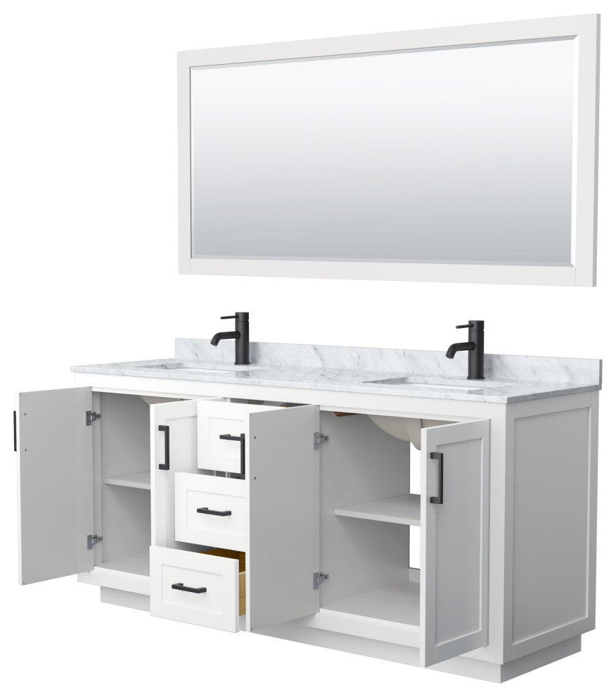 72"DBL Bathroom Vanity White, Carrara Countertop, Sinks, Black Trim, 70" Mirror