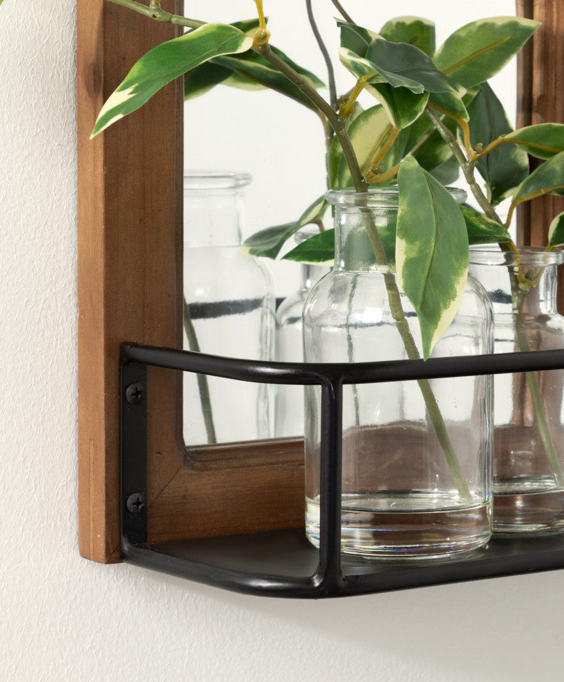 Jackson Wood Windowpane Mirror With Metal Shelf, Brown/Black, 24"x18"