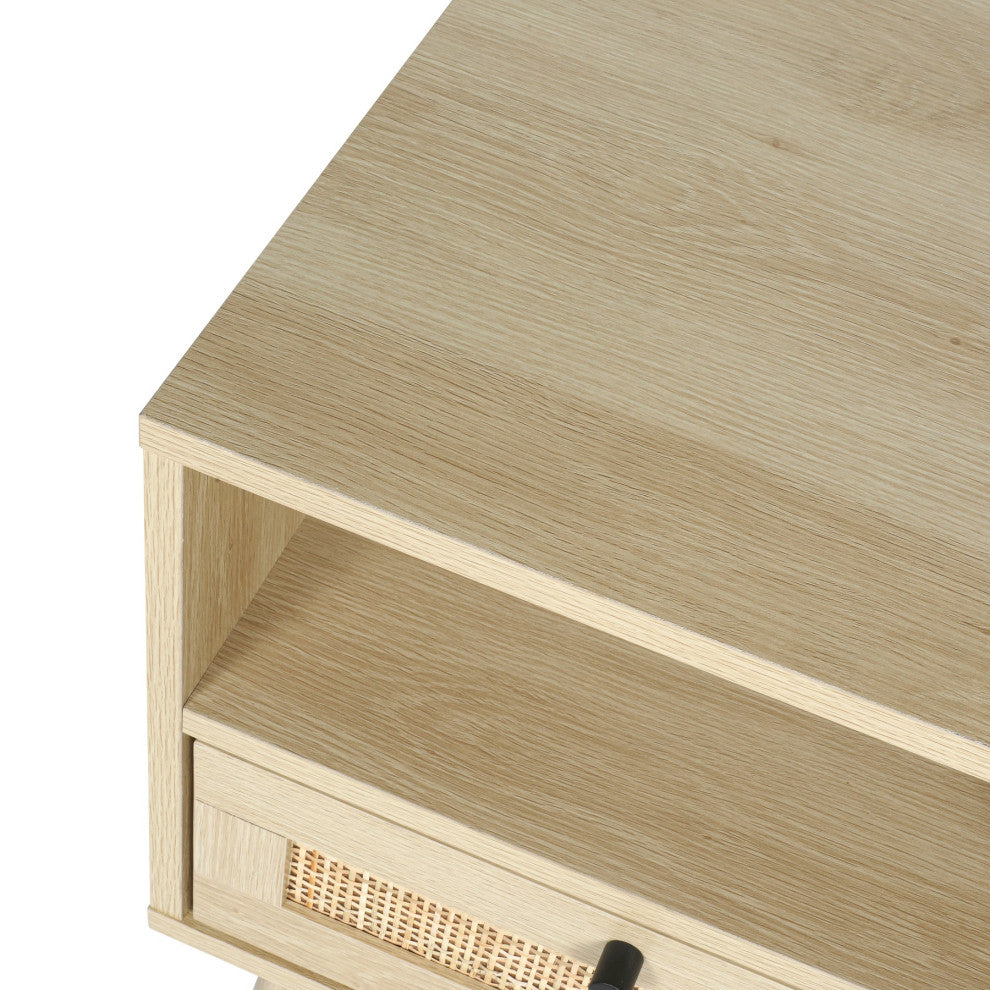 Rattan Solid Wood Legs Nightstand, Bedside Table With 1 Rattan Drawers Natural