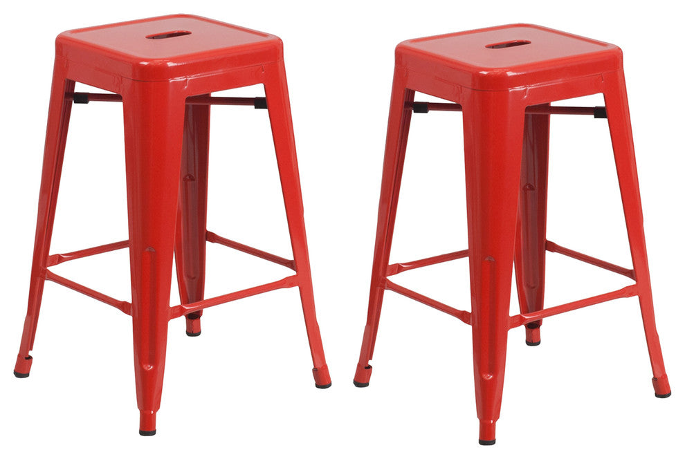 Vogue Metals Backless Metal Stools, Set of 2, Full Assembled, Red, 24"