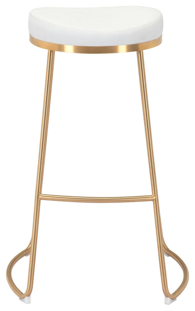 Bar Stool Chair Barstool, Set of 2, Faux Vinyl Leather, Steel, White, Gold