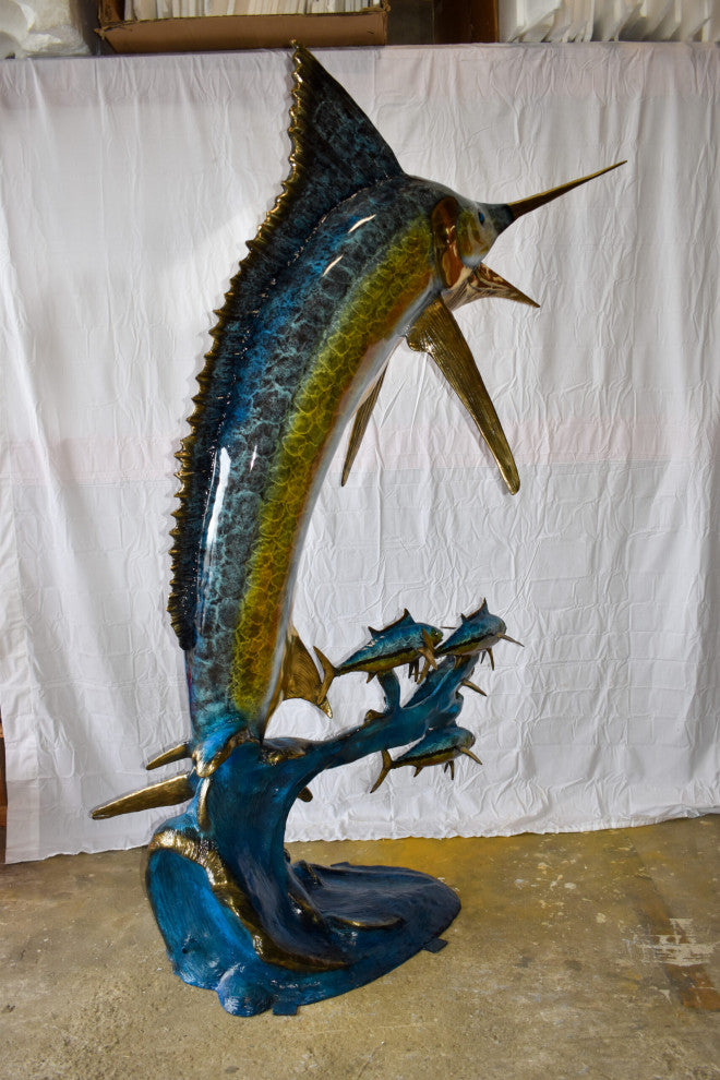 Giant Colored Marlin Fish W 4 Jack Fish Bronze Statue Fountain 85" x 30" x 90"
