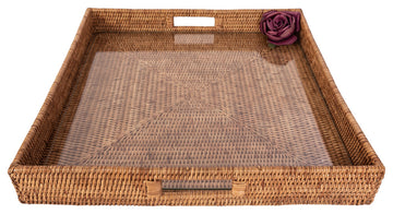 Square Serving Ottoman Trays with Glass Insert, Honey Brown, 20"x 20"x 3"