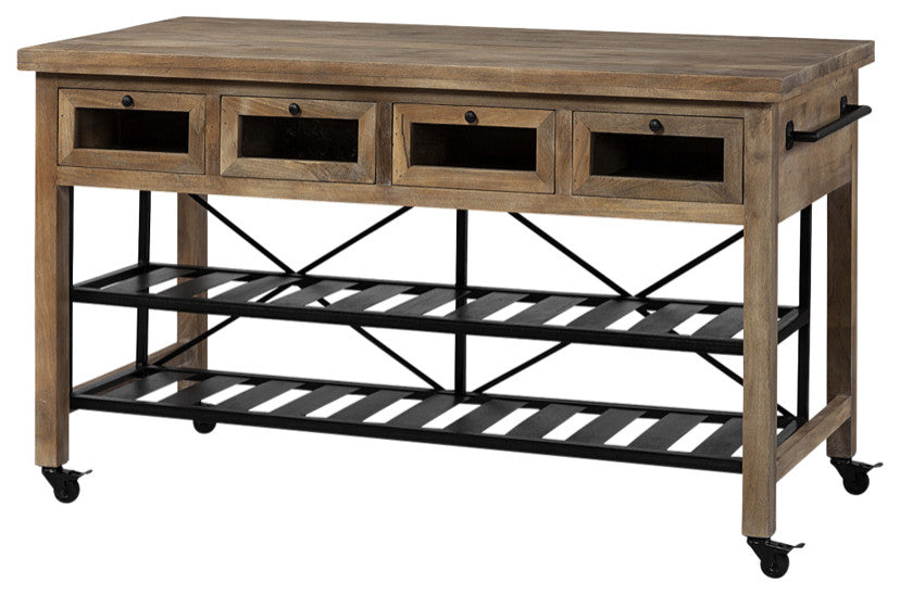 Brown Solid Wood Top Kitchen Island With Two Tier Black Metal Rolling