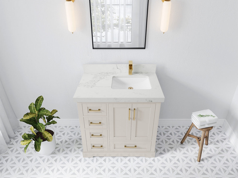 Boston 36" Right Offset Bath Vanity in Fine Grain 2" Calacatta Nuvo