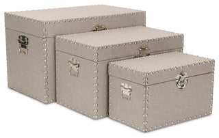 Set Of 3 Linen Trunk With Metal Studs