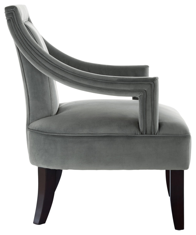 Avery Velvet Swoop Arm Square Back Open Sides Accent Chair, Gray