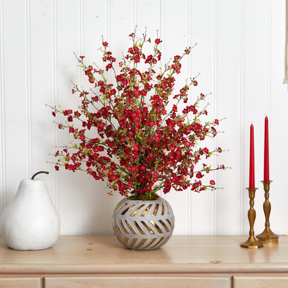 30" Cherry Blossom Artificial Arrangement, Stoneware Vase With Gold Trimming