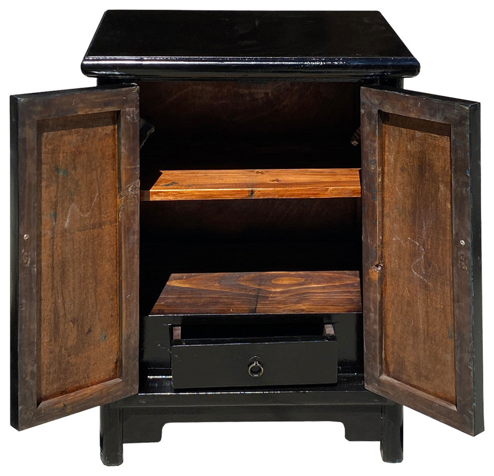 Chinese Distressed Black Yellow Scenery Graphic End Table Nightstand Hcs7348
