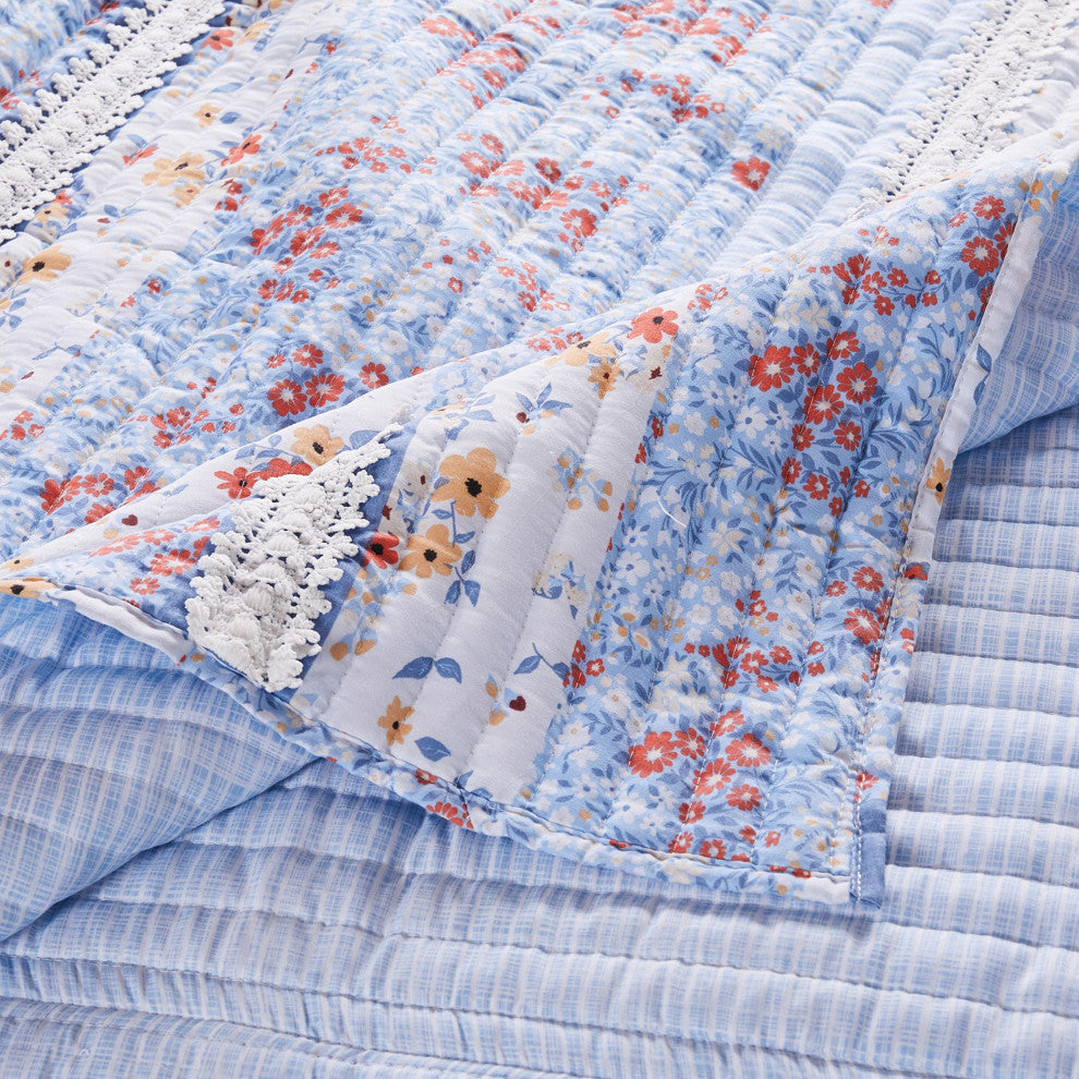 Benzara BM282008 Microfiber Queen Quilt Set, Floral Print, Lace Trim, Multicolor
