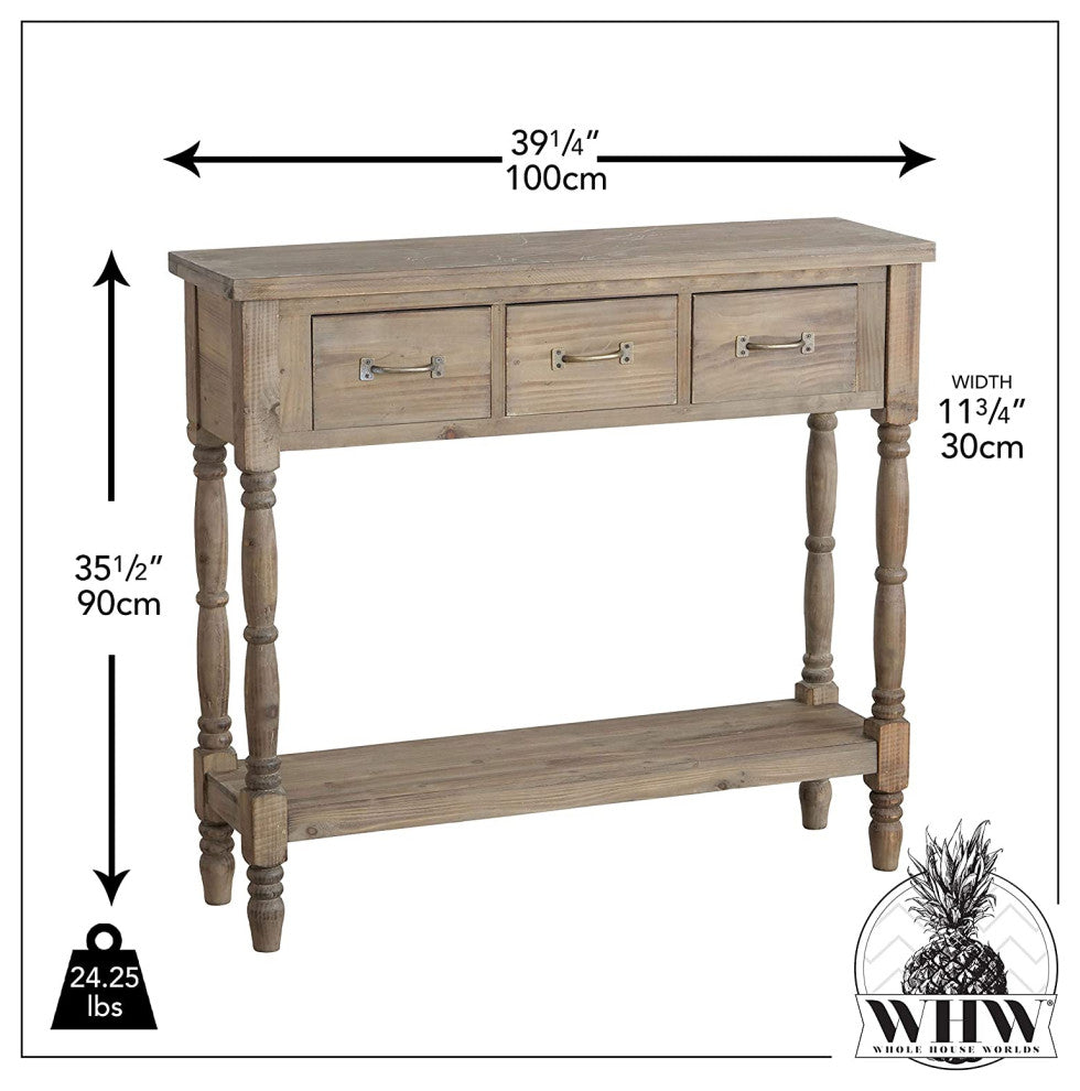 3 Drawer Rustic Console Table, Poplar and Fir Wood