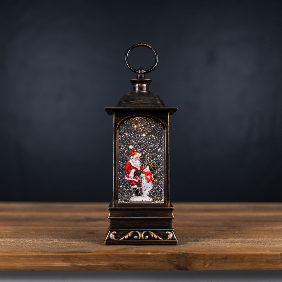 LED Snow Globe Lantern With Santa and Snowman 10.5"H