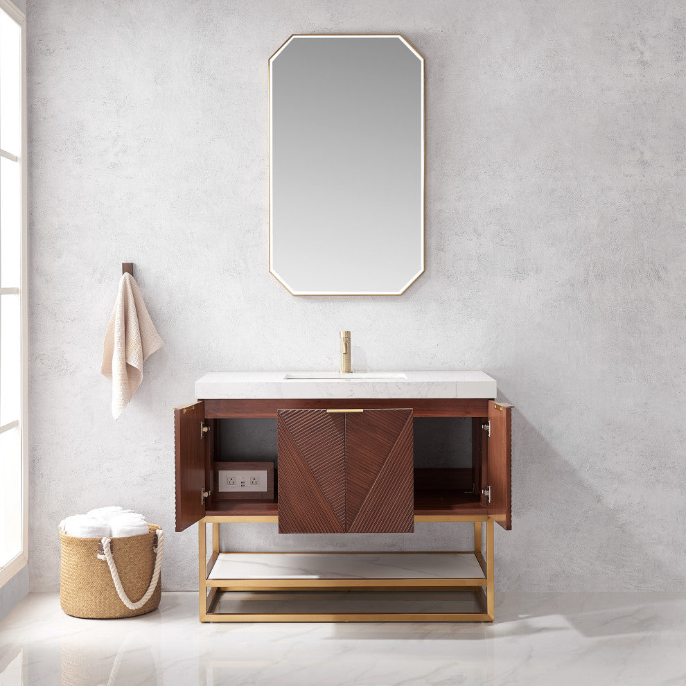 Mahon Bath Vanity, Stone Top, Brushed Gold Base, 42", Single Vanity, No Mirror