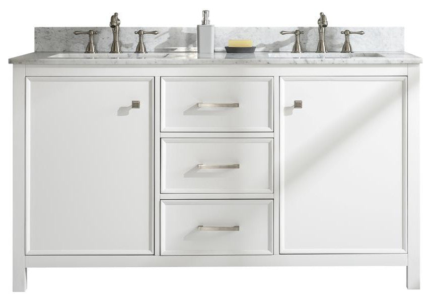 60" Double Sink Vanity Cabinet, Carrara White Top, White