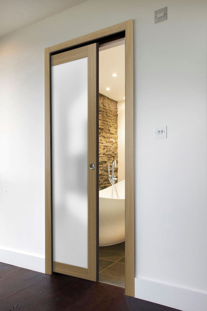 Pocket Door 30x96 Frosted Glass | Planum 2102 Honey Ash | Rail Kit