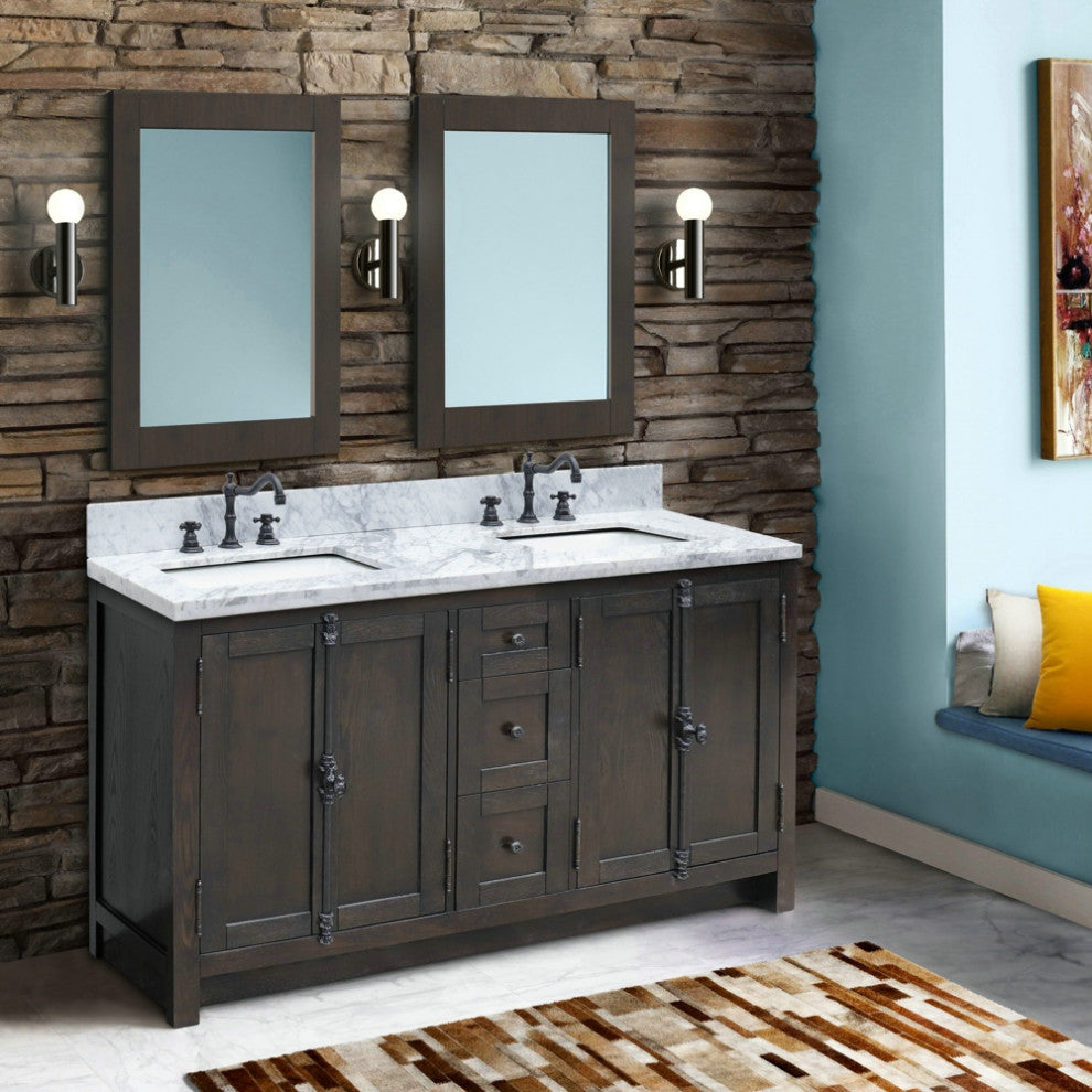 55" Double Vanity, Brown Ash With White Carrara Top, Mirrors and Rectangle Sinks