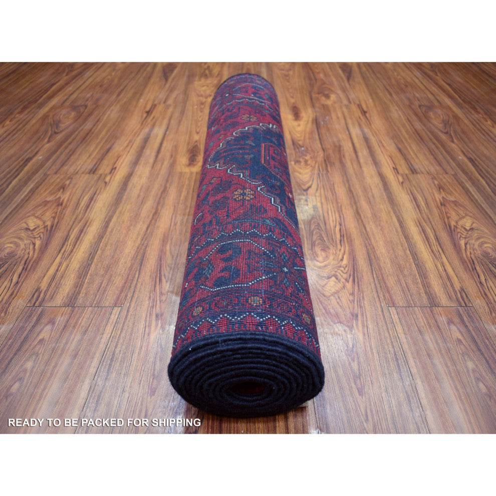 Deep and Saturated Red, Hand Knotted Afghan Khamyab Pure Wool Rug, 2'8"x12'6"