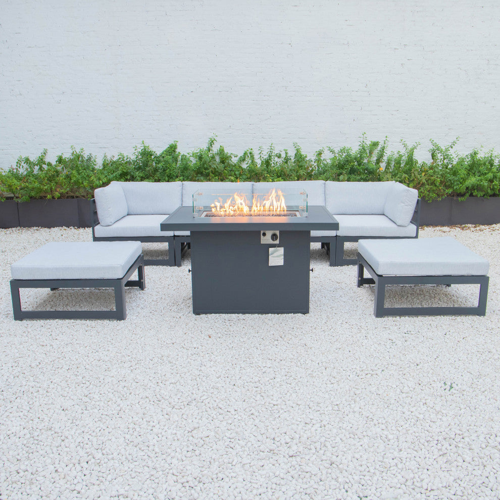 LeisureMod Chelsea 7-Piece Outdoor Sectional With Fire Pit Table, Light Gray