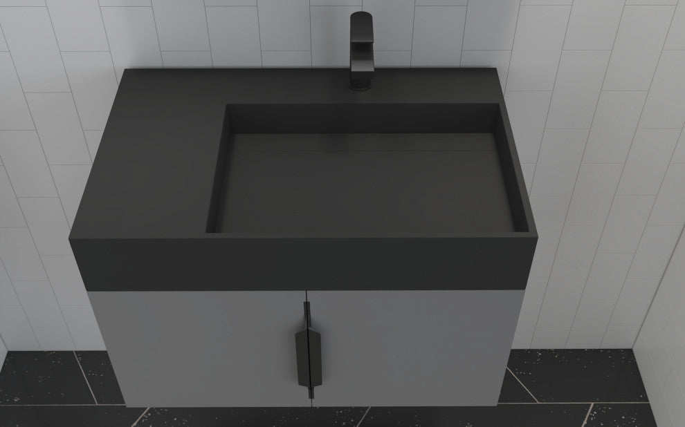 CastelloUSA Amazon 30" Right Wall Mounted Bathroom Vanity Set, Gray, Black Top, Black Handles