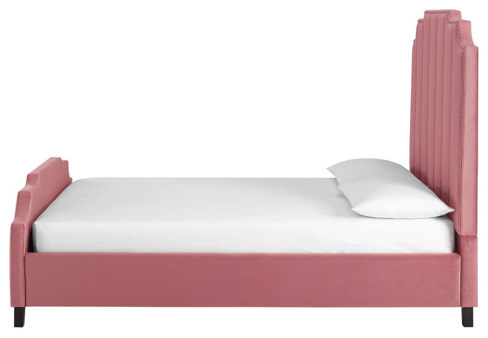 Platform Bed Frame, Queen Size, Velvet, Pink, Modern Contemporary, Bedroom